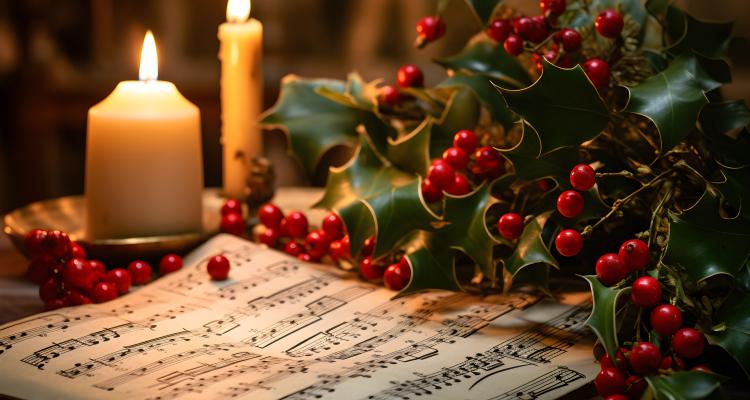 A music sheet on a table with holly and lit candles