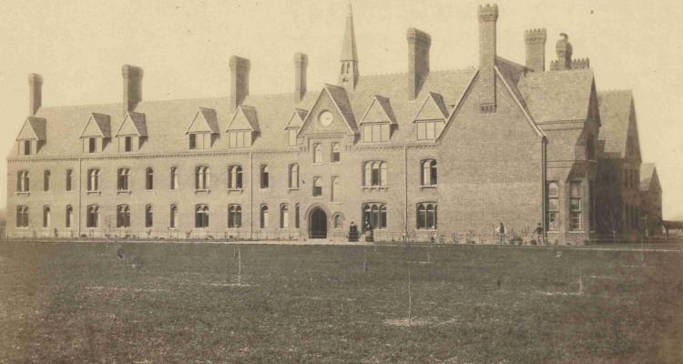 Black and white image of the first buildings on the Girton Site GCPH3-1-1FirstBuildingCirca1872