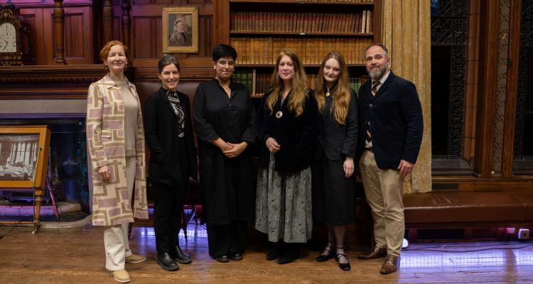 (Left - Right) The Mistress of Girton College, Caoilinn Hughes, Cia Mangat, Dr Kirsten Norrie, Annabelle Fuller, Dr James Wade (Vice-Mistress of Girton College)