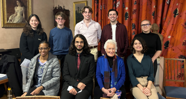 Shortlisted students with Dr Margaret Mountford [L-R: (top row) Hanwen Cao, Alasdair Harrison, Ben Maguire, Jacob Robinson, Elena Bashkova; (bottom row) Shala Alert, Hasan Lone, Dr Margaret Mountford, Anna Williams Moura Costa]