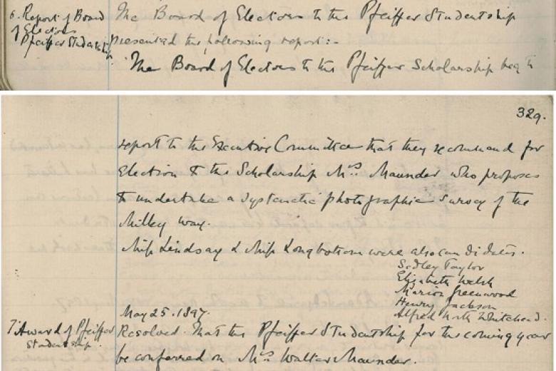 Girton Executive Committee Minute awarding the first Pfeiffer Research Studentship to Mrs Annie Maunder, 14 June 1897 (archive reference: GCGB 2/1/13)