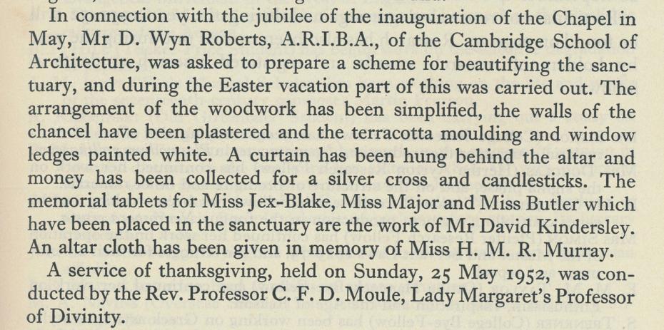 Report of the Chapel refurbishment from the College’s Annual Report, November 1952 (archive reference: GCCP 1/1/4).