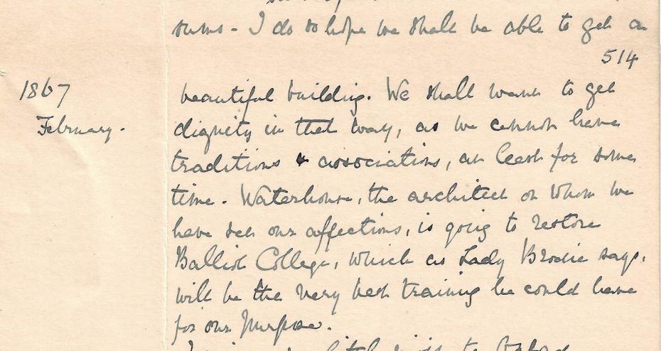 Extract from Emily Davies, ‘Family Chronicle’, quoting a letter she wrote to her friend Anna Richardson naming Alfred Waterhouse as her desired architect for the proposed College, 4 February 1867 (archive reference: GCPP Davies 1/1pt, pp. 513-14).