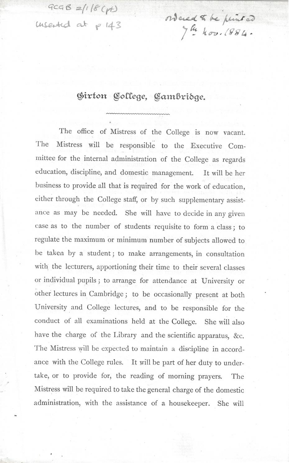 Statement of the duties and status of the office of Mistress, November 1884 (archive reference: GCGB 2/1/8pt).