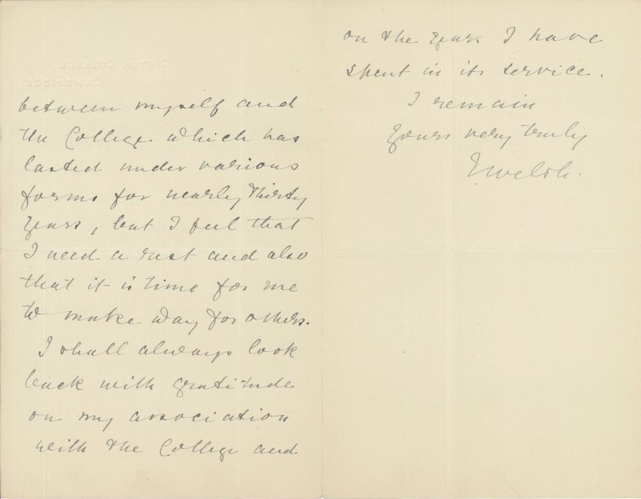 Elizabeth Welsh’s letter of resignation, 1902 (archive reference: GCGB 2/5/6/1/3pt).