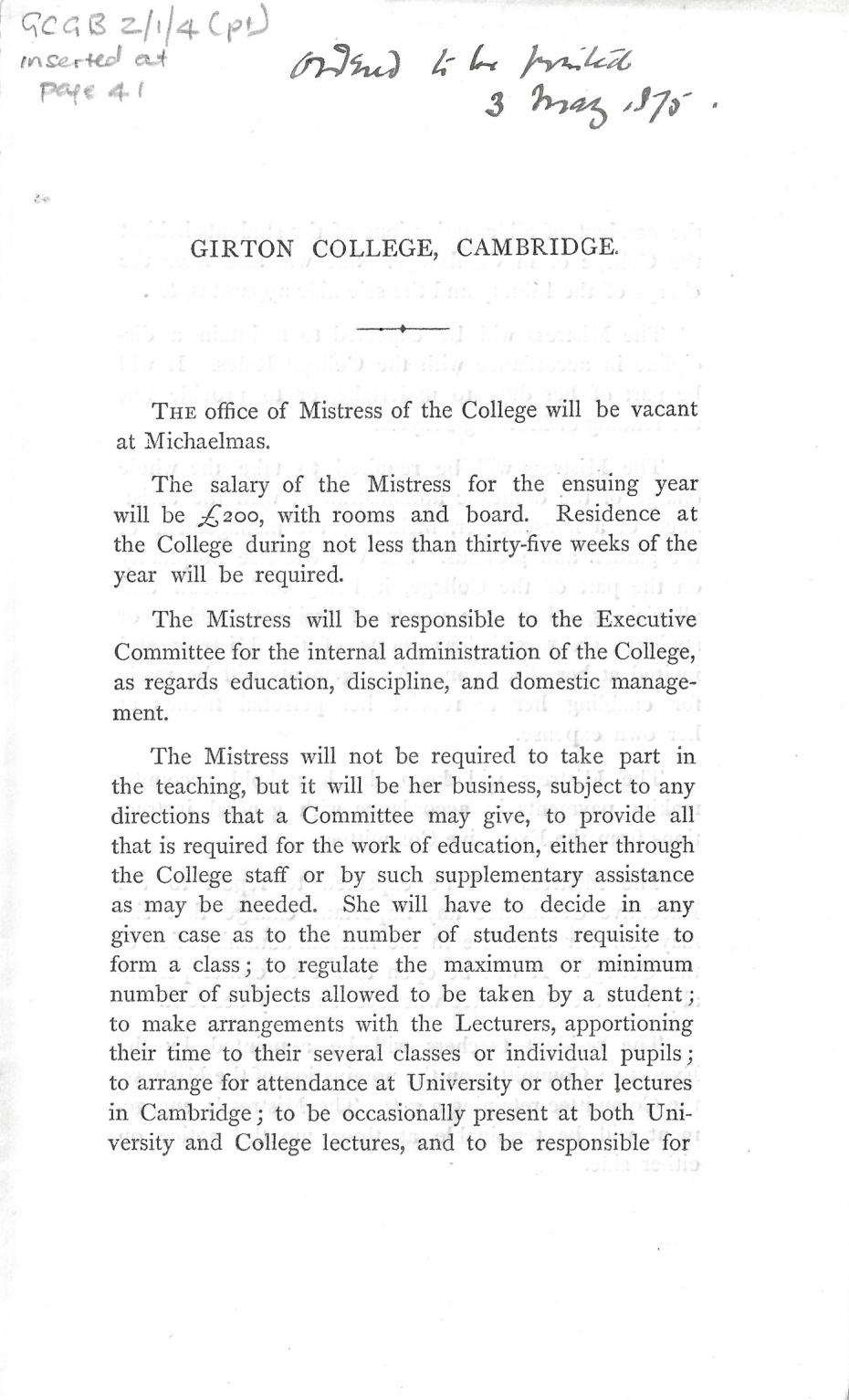 The memorandum on the duties of the Mistress, May 1875 (archive reference: GCGB 2/1/4pt). 